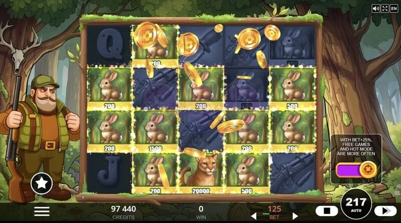 Hunt the Bucks — īpašie simboli Hunter-Wild, Scatter un Animal Credit uz režģa